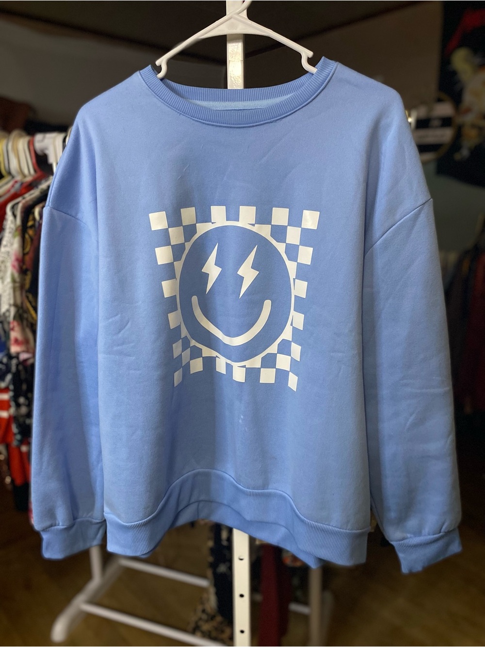 Light Blue Fleece Lined Crewneck Smiley Sweatshirt